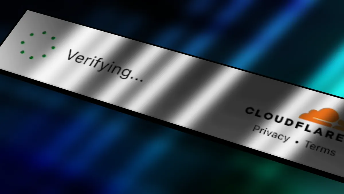Browser security verification screen showing "Verifying..." message with loading indicator and Cloudflare branding on gradient background
