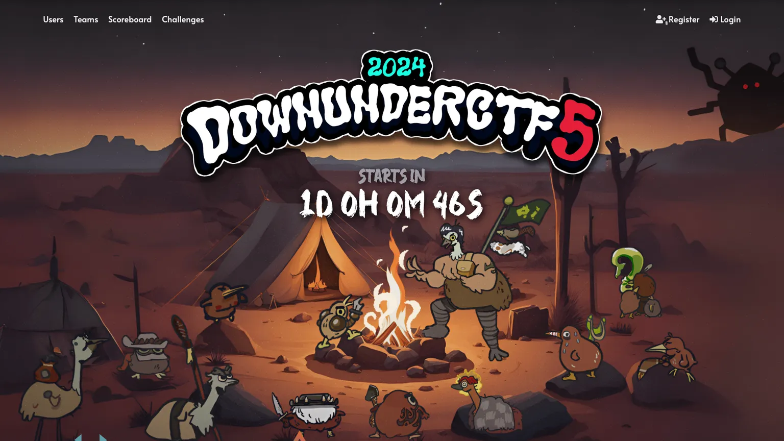 DownUnderCTF 2024 cybersecurity competition countdown page showing desert camp scene with characters around campfire, timer displaying "1D 0H 0M 46S" until event starts