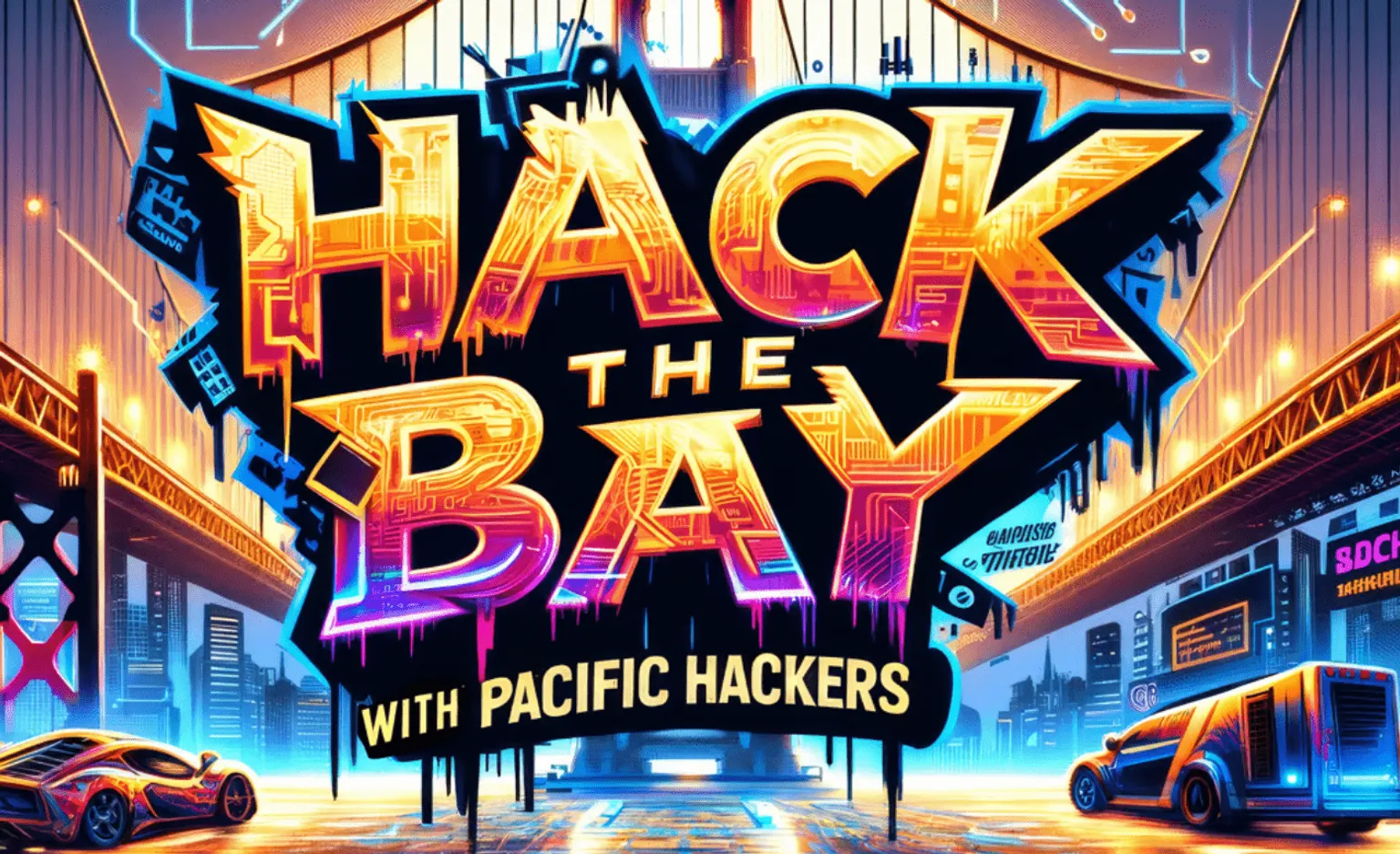 Futuristic cyberpunk-style promotional graphic reading "HACK THE BAY with Pacific Hackers" in glowing orange and purple text over a neon-lit urban street scene with cars and buildings