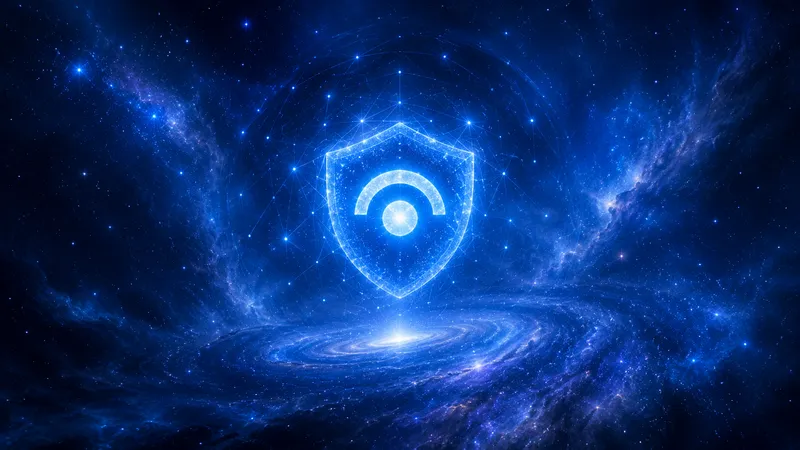 Blue cosmic space background with Microsoft Sentinel logo, representing cybersecurity protection and SIEM solution