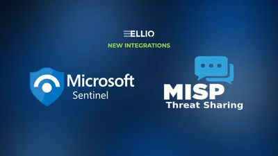 ELLIO new integrations announcement featuring Microsoft Sentinel and MISP Threat Sharing logos on blue gradient background