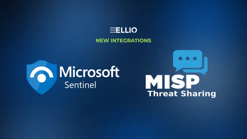 ELLIO new integrations announcement featuring Microsoft Sentinel and MISP Threat Sharing logos on blue gradient background