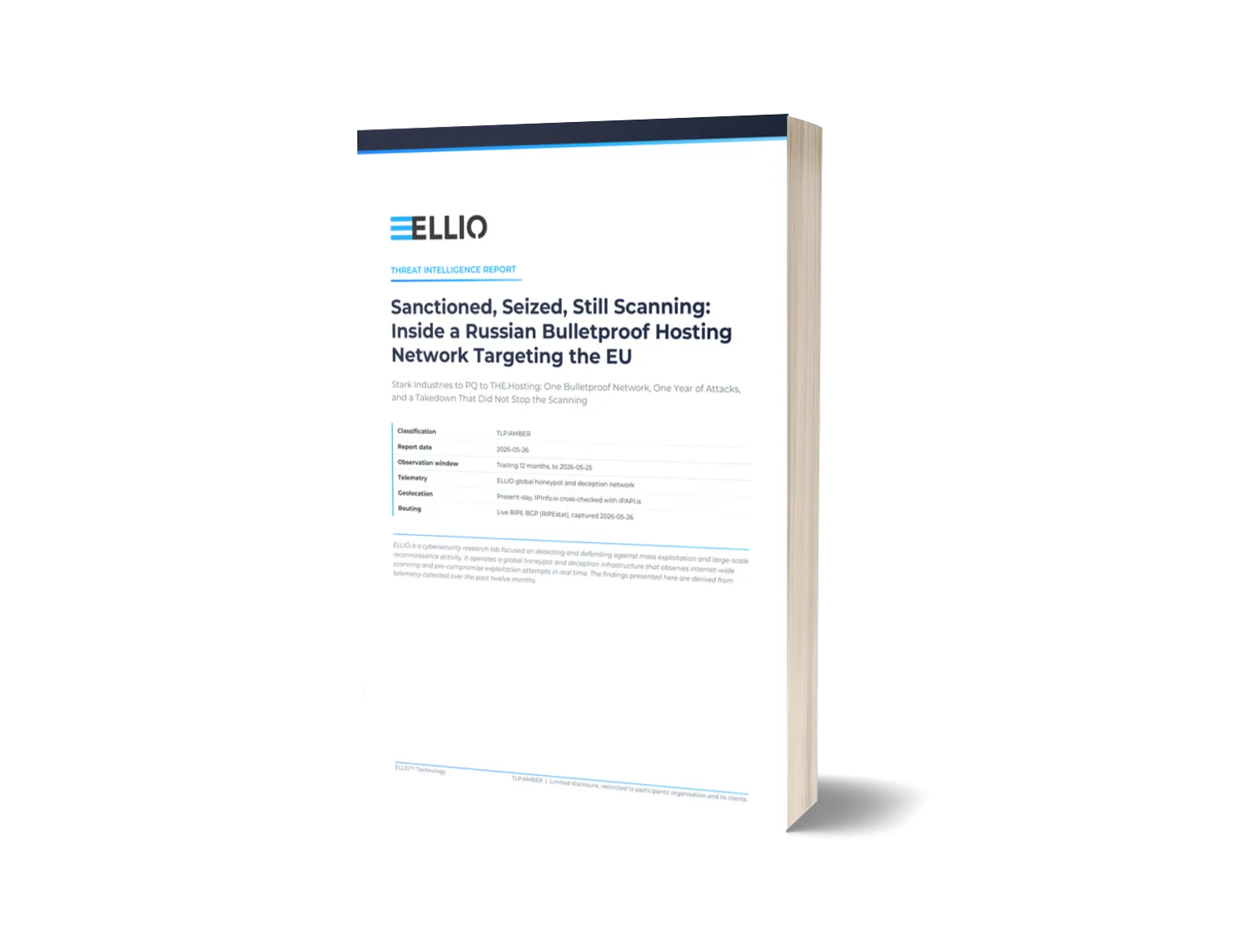 ELLIO threat intelligence report cover titled "Sanctioned, Seized, Still Scanning: Inside a Russian Bulletproof Hosting Network Targeting the EU" with classification details and company branding