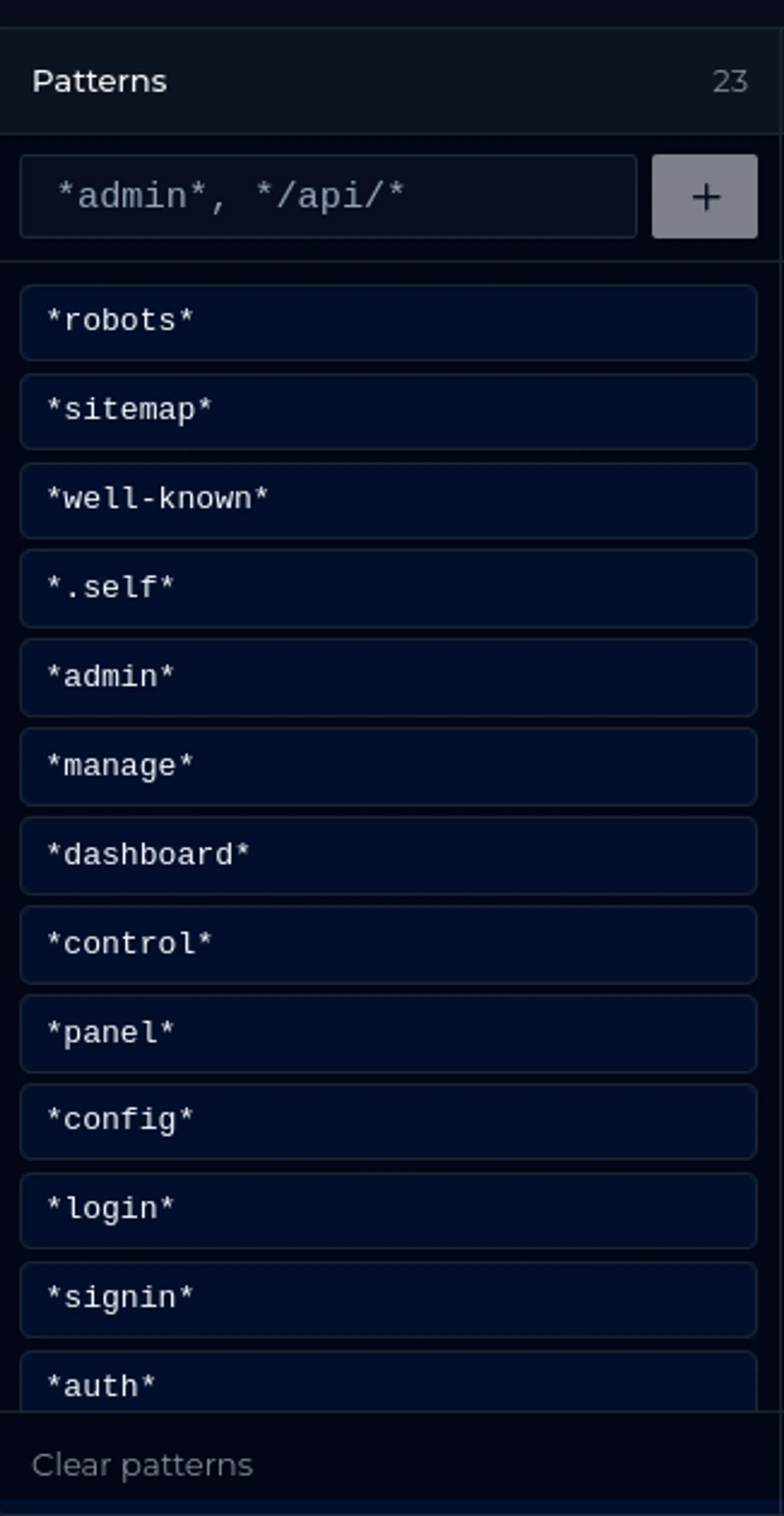 Network security patterns configuration interface showing URL path filters including admin, API, robots, sitemap, authentication, and dashboard endpoints